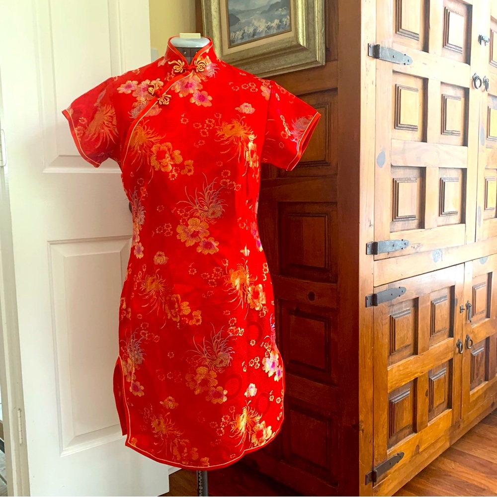 Jin Hon red/gold tone brocade dress Traditional Chinese Cheongsam Mandarin